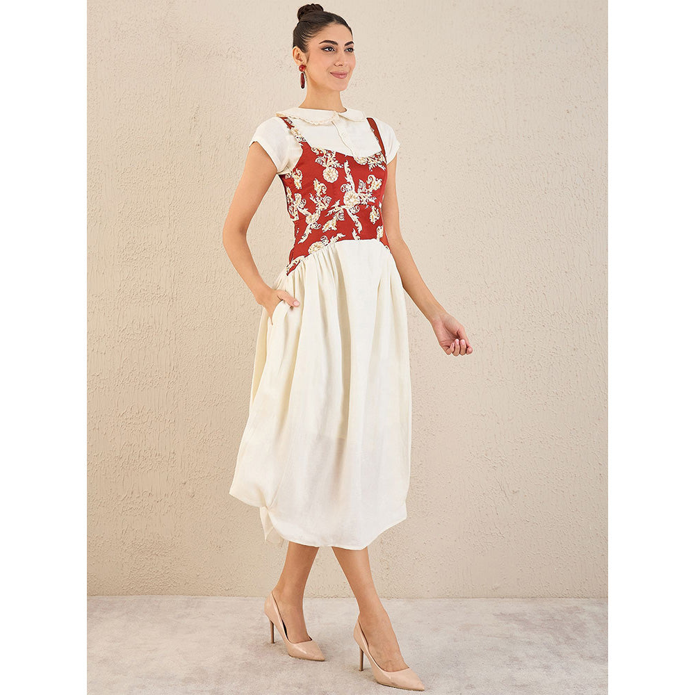 First Resort by Ramola Bachchan Off-White Baroque Print Linen Midi Dress with Top (Set of 2)