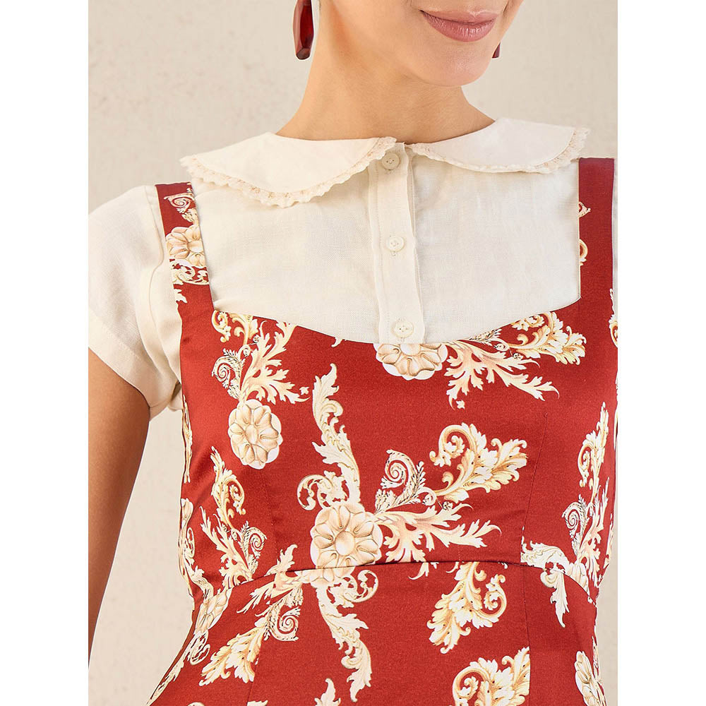 First Resort by Ramola Bachchan Off-White Baroque Print Linen Midi Dress with Top (Set of 2)