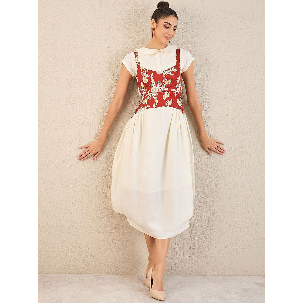 First Resort by Ramola Bachchan Off-White Baroque Print Linen Midi Dress with Top (Set of 2)