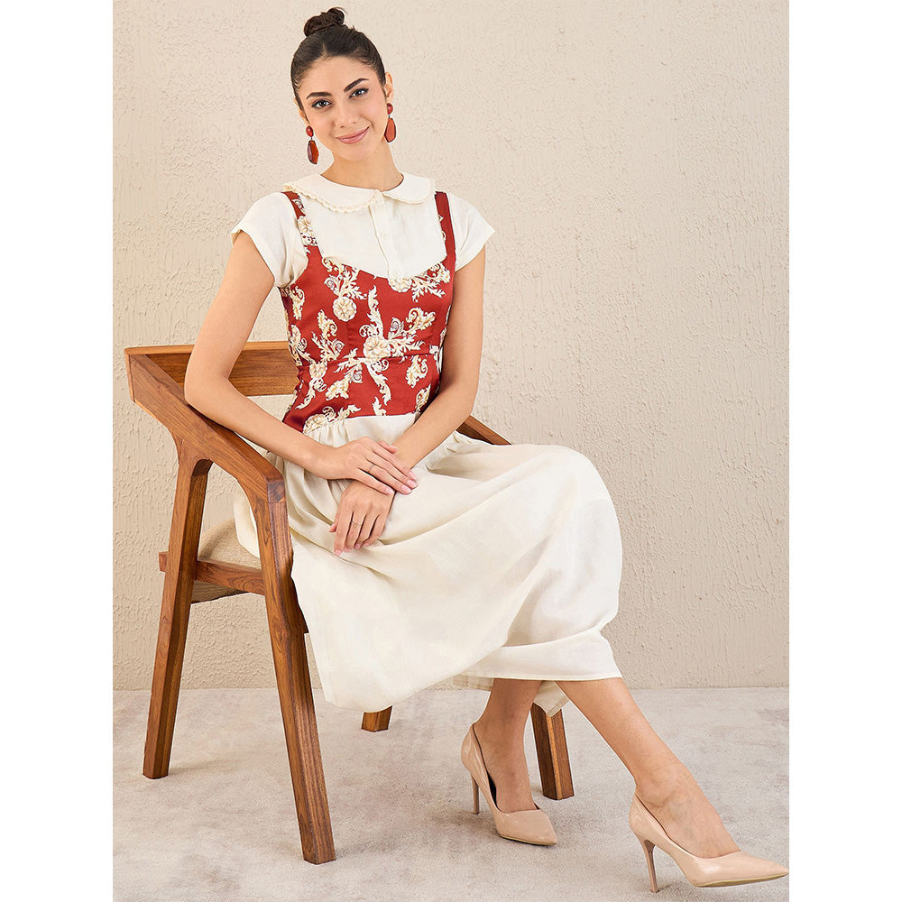 First Resort by Ramola Bachchan Off-White Baroque Print Linen Midi Dress with Top (Set of 2)