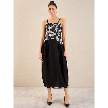 First Resort by Ramola Bachchan Black Baroque Print Linen Midi Dress