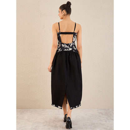 First Resort by Ramola Bachchan Black Baroque Print Linen Midi Dress