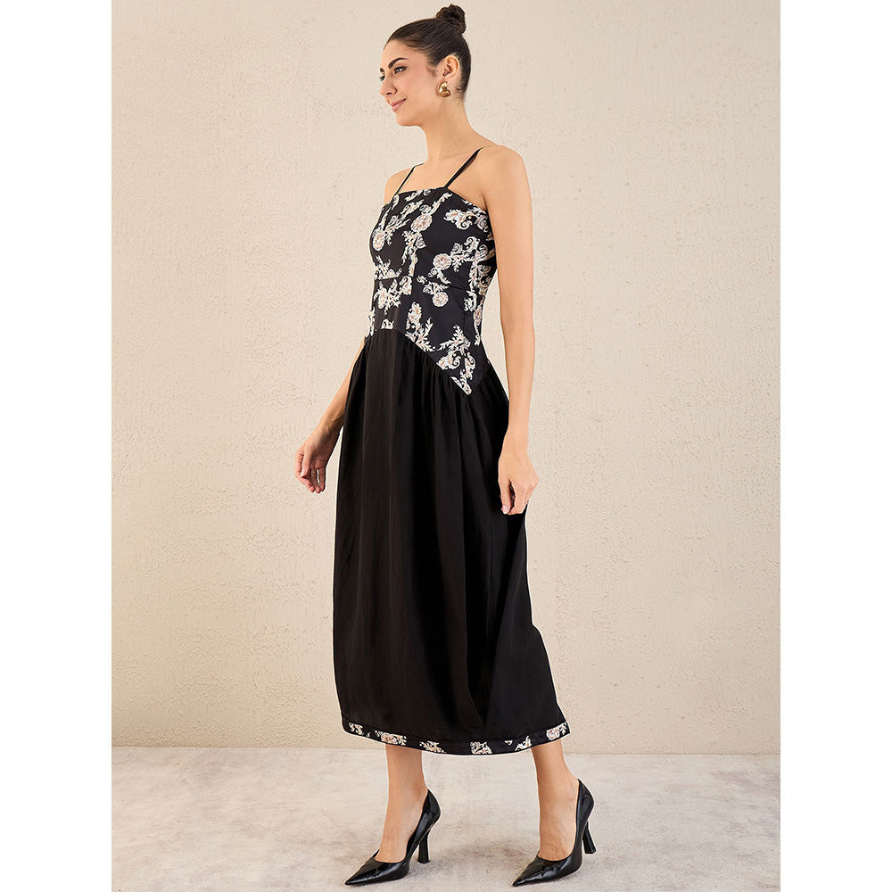 First Resort by Ramola Bachchan Black Baroque Print Linen Midi Dress