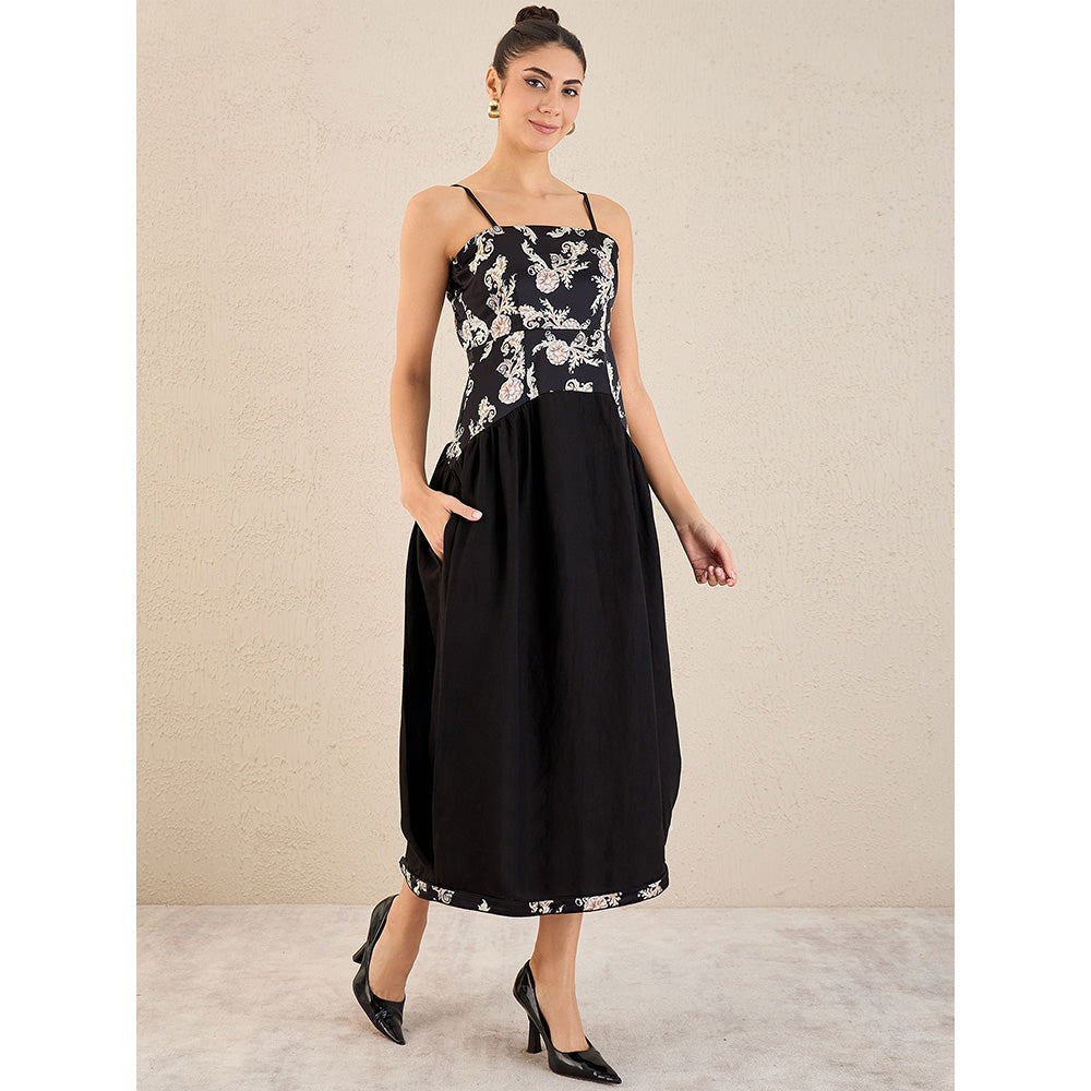 First Resort by Ramola Bachchan Black Baroque Print Linen Midi Dress