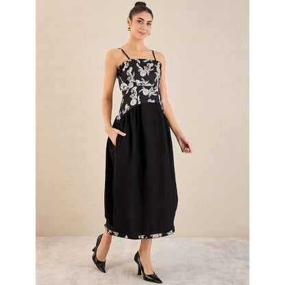 First Resort by Ramola Bachchan Black Baroque Print Linen Midi Dress