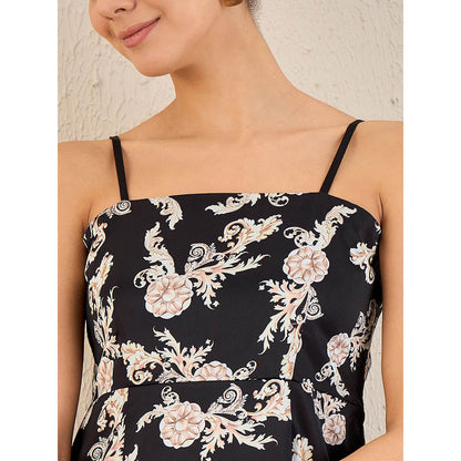 First Resort by Ramola Bachchan Black Baroque Print Linen Midi Dress