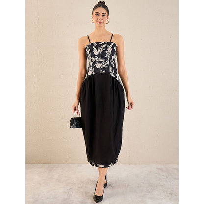 First Resort by Ramola Bachchan Black Baroque Print Linen Midi Dress