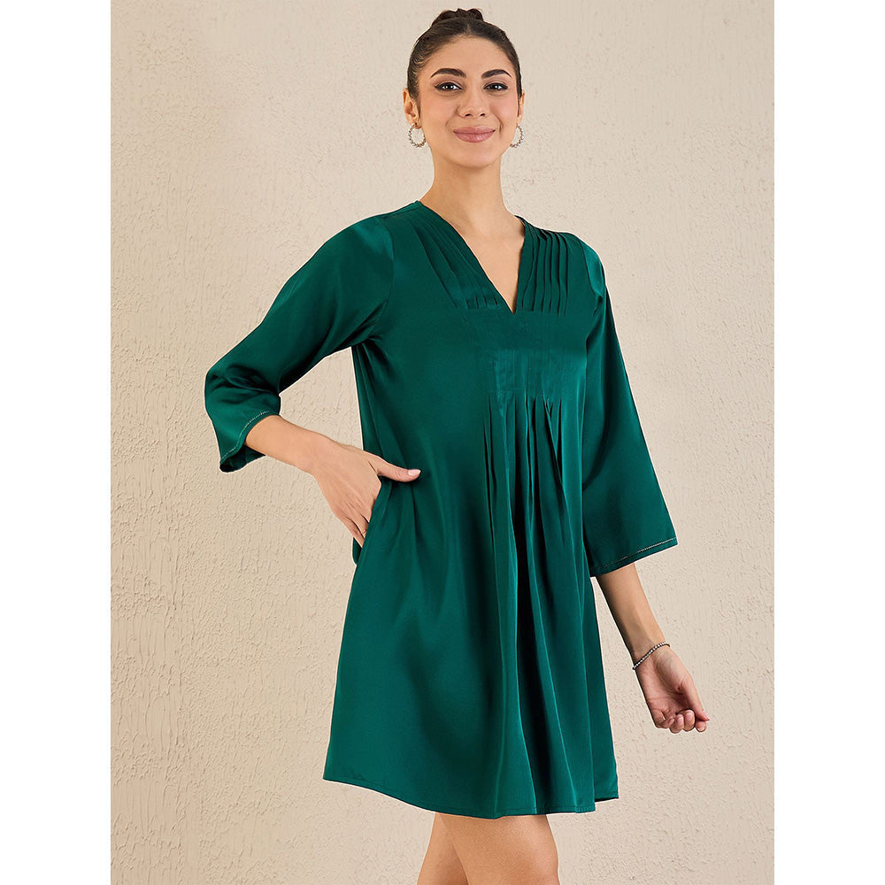 First Resort by Ramola Bachchan Green Crystal Embellished Satin Dress with Pleats