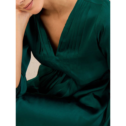 First Resort by Ramola Bachchan Green Crystal Embellished Satin Dress with Pleats