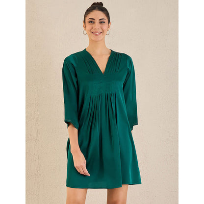 First Resort by Ramola Bachchan Green Crystal Embellished Satin Dress with Pleats