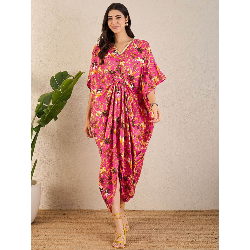 First Resort by Ramola Bachchan Pink and Bronze Floral Full Length Kaftan Maxi Dress