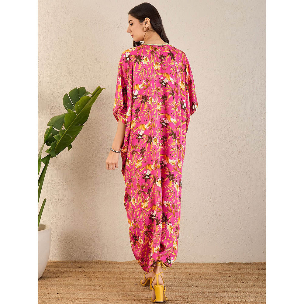 First Resort by Ramola Bachchan Pink and Bronze Floral Full Length Kaftan Maxi Dress