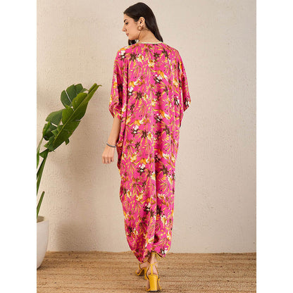 First Resort by Ramola Bachchan Pink and Bronze Floral Full Length Kaftan Maxi Dress