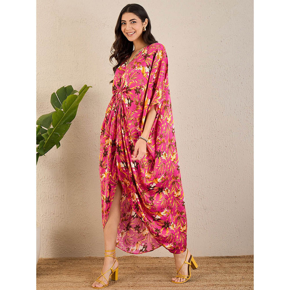 First Resort by Ramola Bachchan Pink and Bronze Floral Full Length Kaftan Maxi Dress