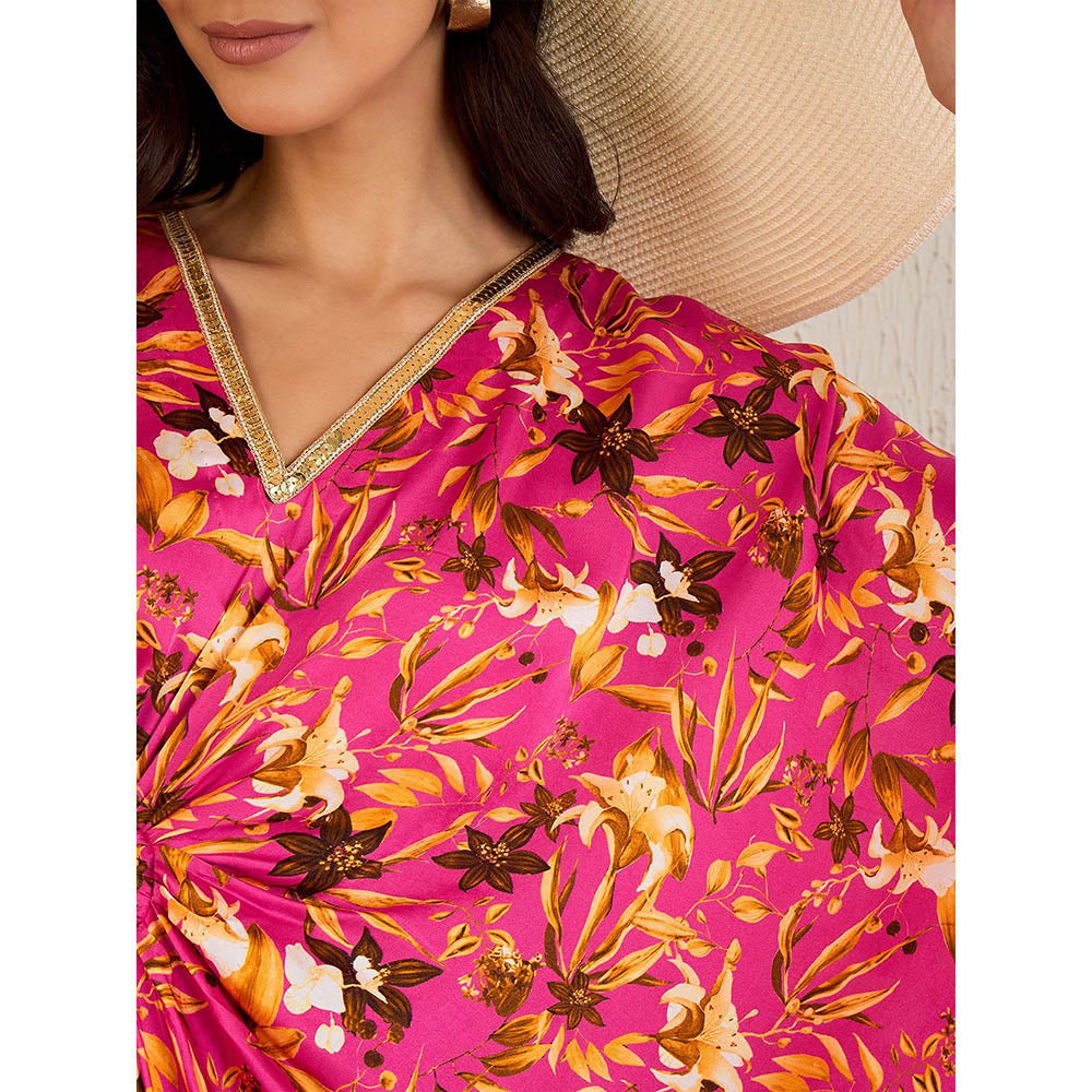 First Resort by Ramola Bachchan Pink and Bronze Floral Full Length Kaftan Maxi Dress