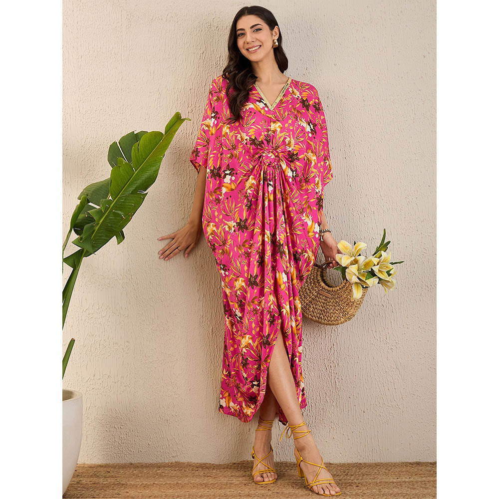 First Resort by Ramola Bachchan Pink and Bronze Floral Full Length Kaftan Maxi Dress