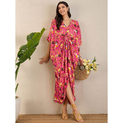 First Resort by Ramola Bachchan Pink and Bronze Floral Full Length Kaftan Maxi Dress
