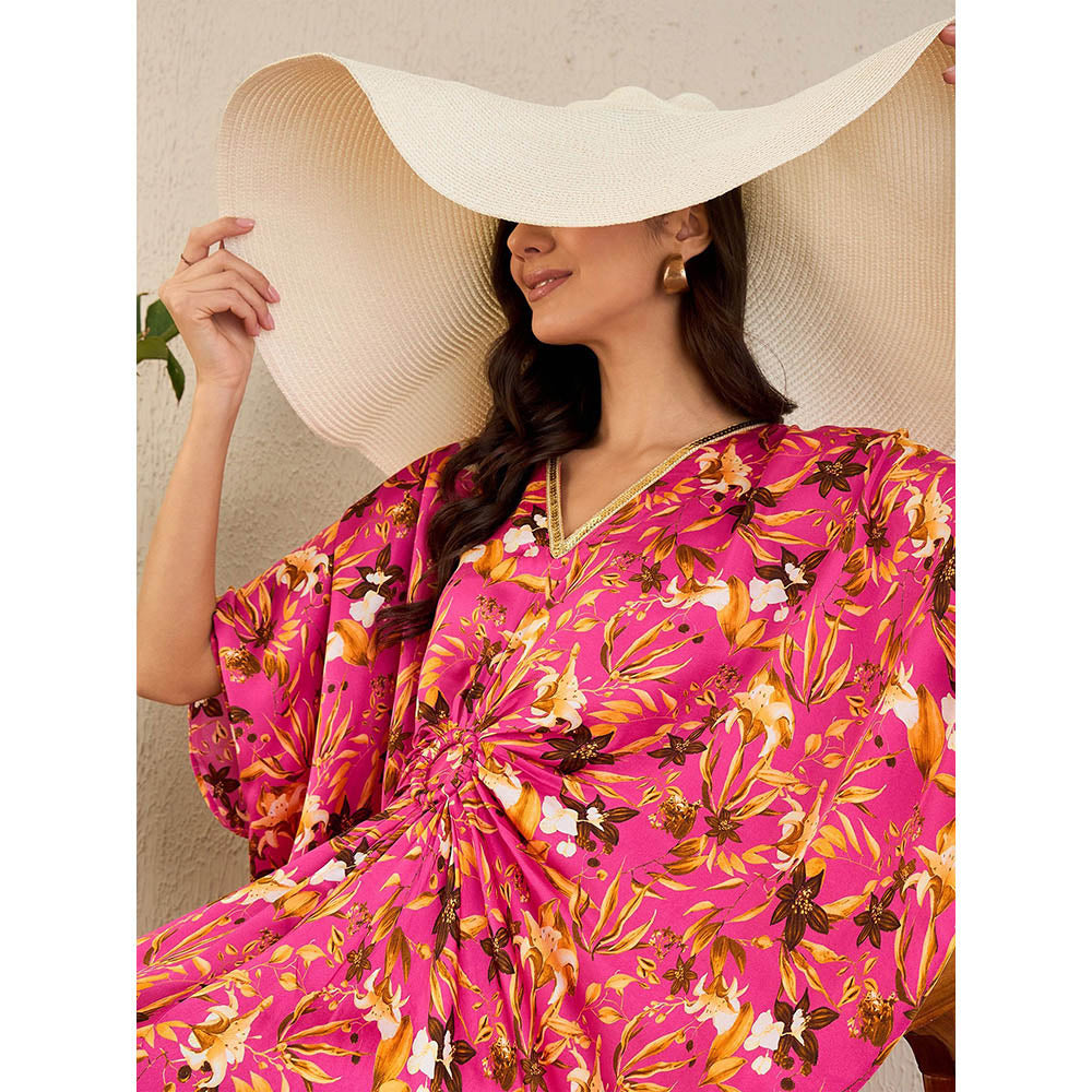 First Resort by Ramola Bachchan Pink and Bronze Floral Full Length Kaftan Maxi Dress