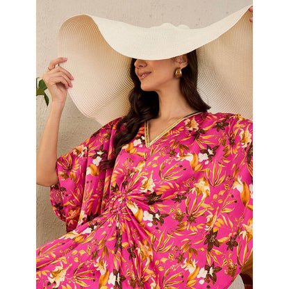 First Resort by Ramola Bachchan Pink and Bronze Floral Full Length Kaftan Maxi Dress