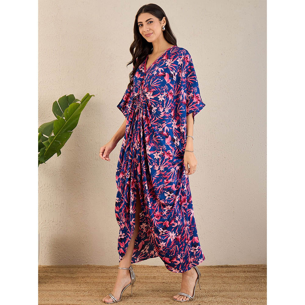 First Resort by Ramola Bachchan Midnight Blue and Scarlet Floral Full Length Kaftan Maxi Dress