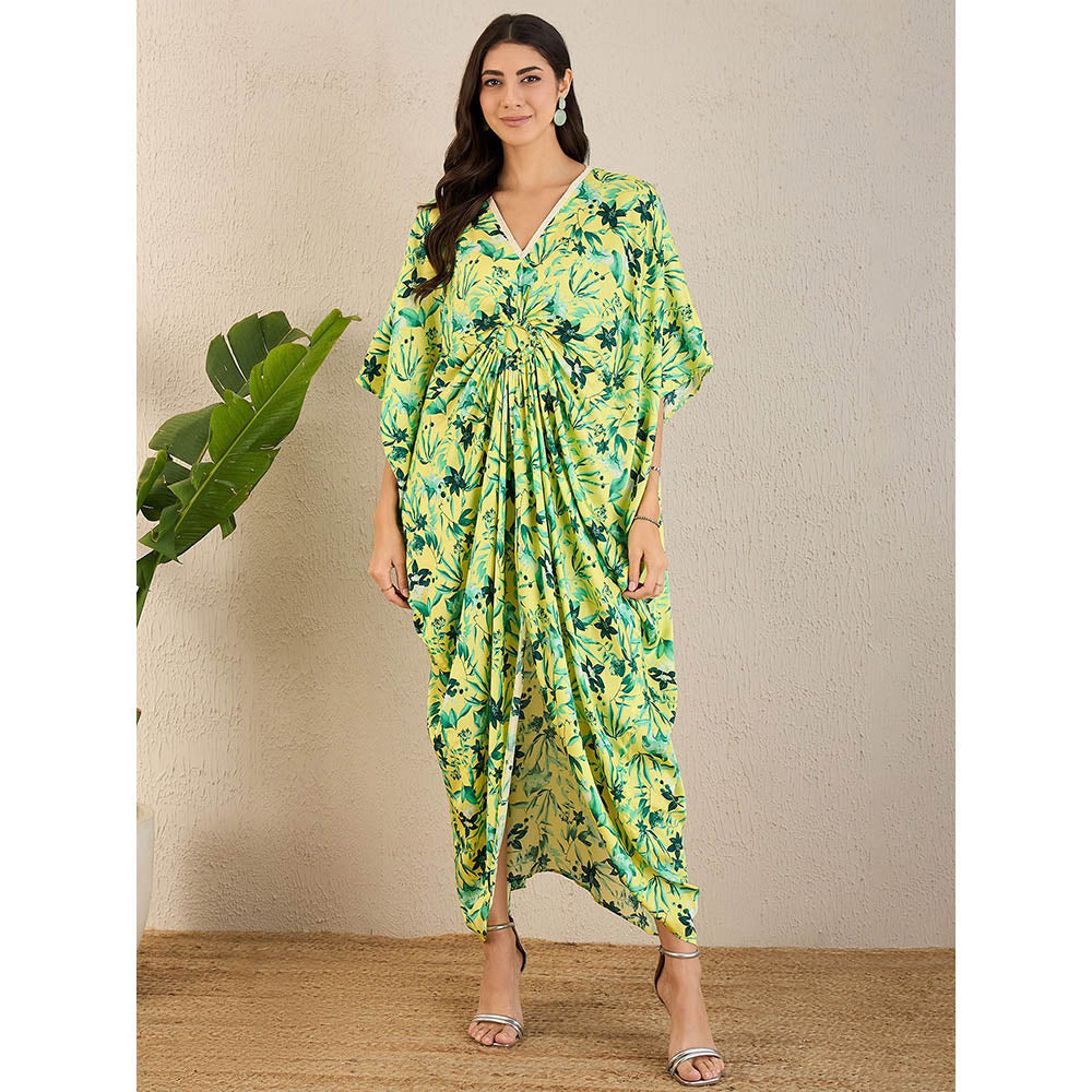 First Resort by Ramola Bachchan Lime Green Floral Full Length Kaftan Maxi Dress
