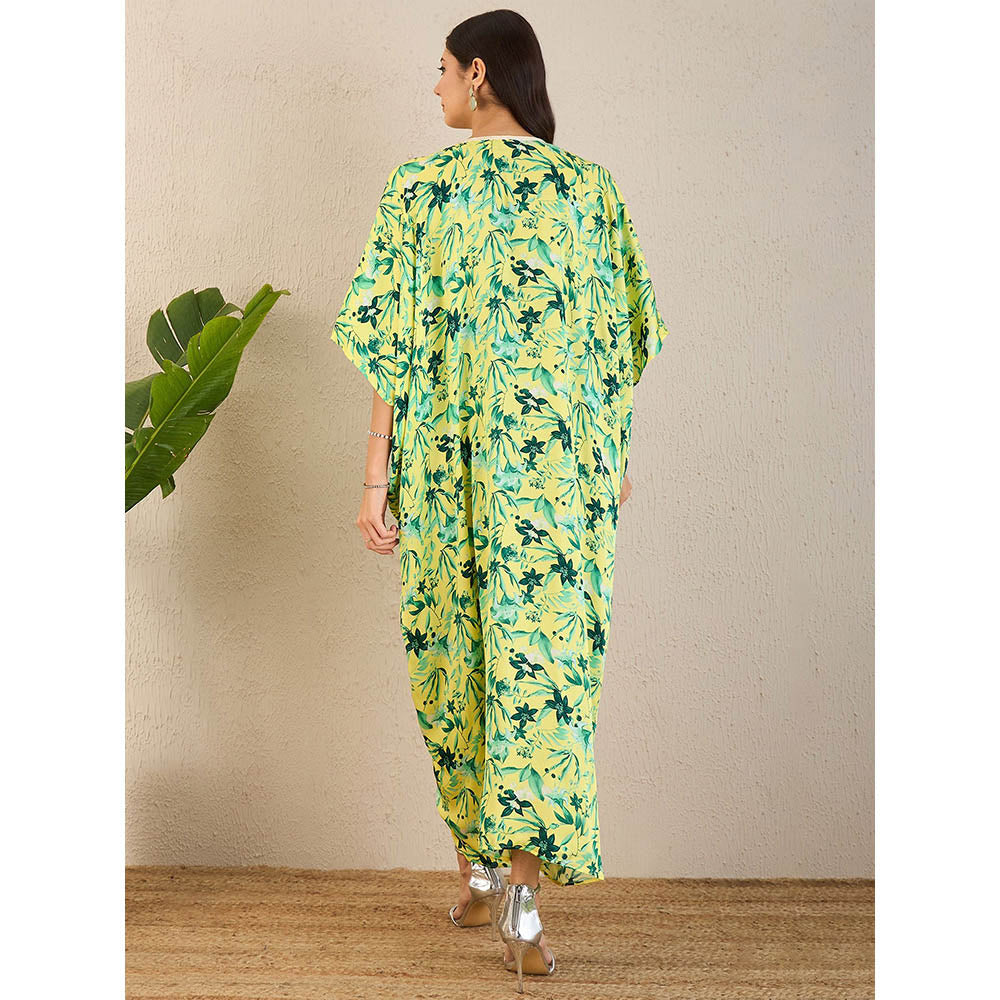 First Resort by Ramola Bachchan Lime Green Floral Full Length Kaftan Maxi Dress