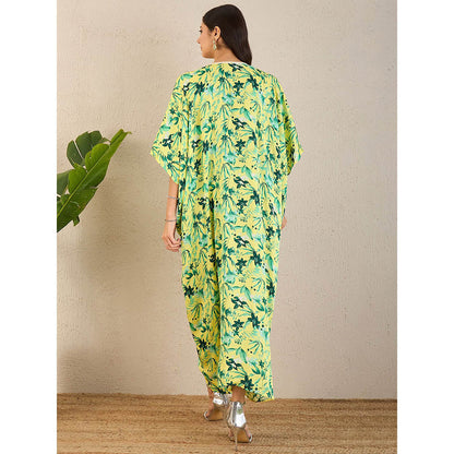 First Resort by Ramola Bachchan Lime Green Floral Full Length Kaftan Maxi Dress