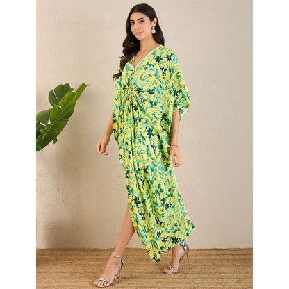 First Resort by Ramola Bachchan Lime Green Floral Full Length Kaftan Maxi Dress