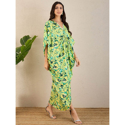 First Resort by Ramola Bachchan Lime Green Floral Full Length Kaftan Maxi Dress