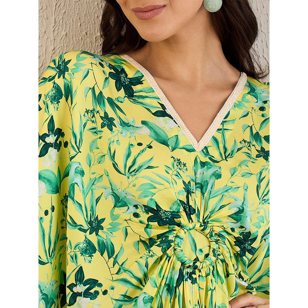 First Resort by Ramola Bachchan Lime Green Floral Full Length Kaftan Maxi Dress