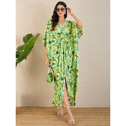 First Resort by Ramola Bachchan Lime Green Floral Full Length Kaftan Maxi Dress