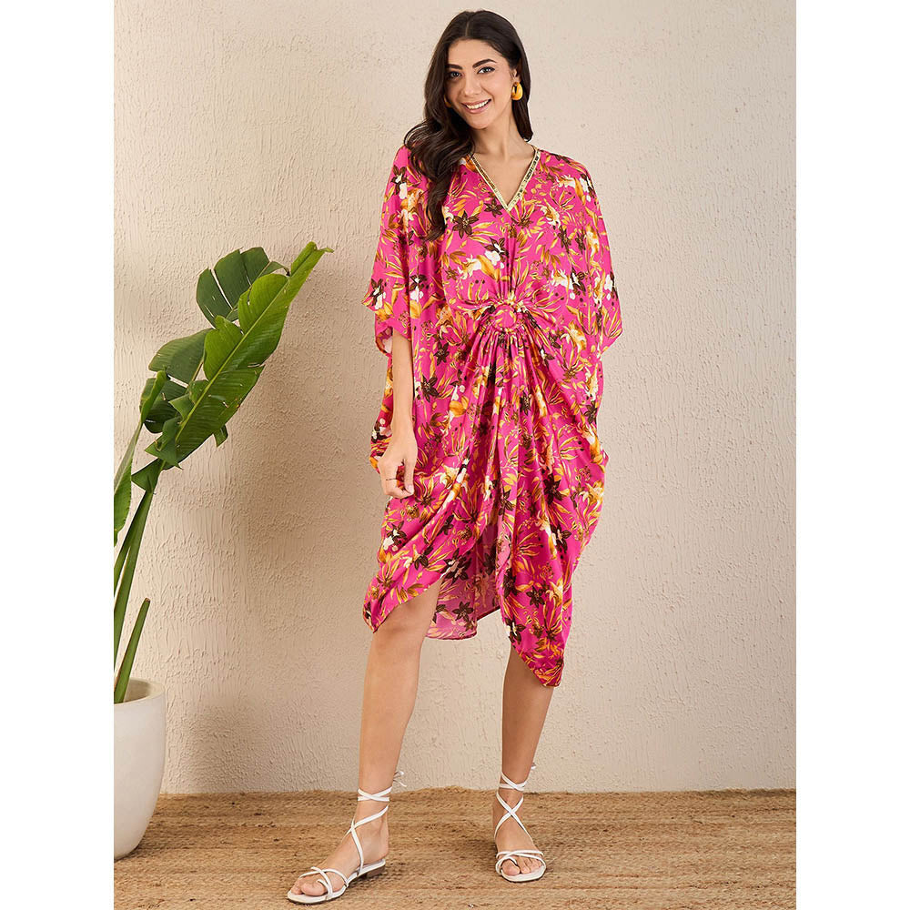 First Resort by Ramola Bachchan Pink Floral Mid Length Kaftan Midi Dress