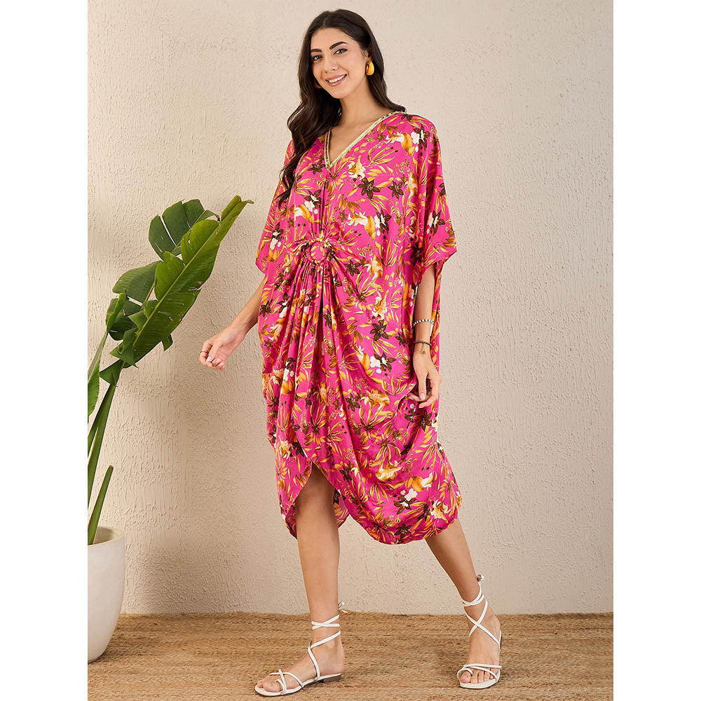 First Resort by Ramola Bachchan Pink Floral Mid Length Kaftan Midi Dress