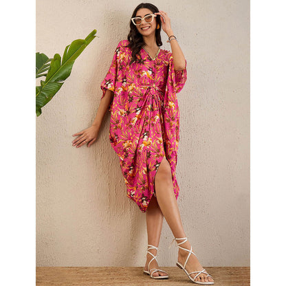 First Resort by Ramola Bachchan Pink Floral Mid Length Kaftan Midi Dress