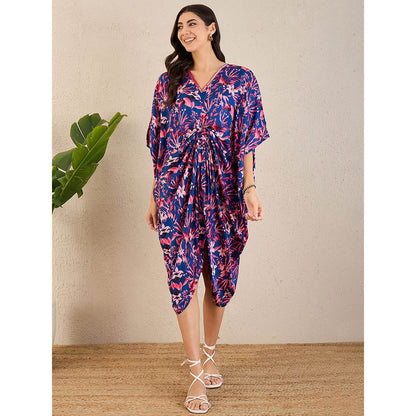 First Resort by Ramola Bachchan Midnight Blue and Scarlet Floral Mid Length Kaftan Midi Dress