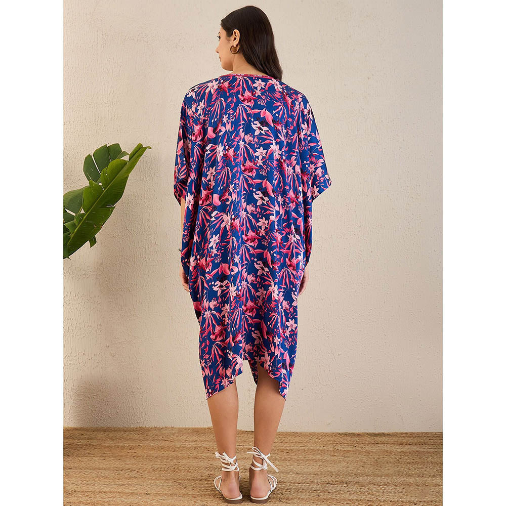 First Resort by Ramola Bachchan Midnight Blue and Scarlet Floral Mid Length Kaftan Midi Dress