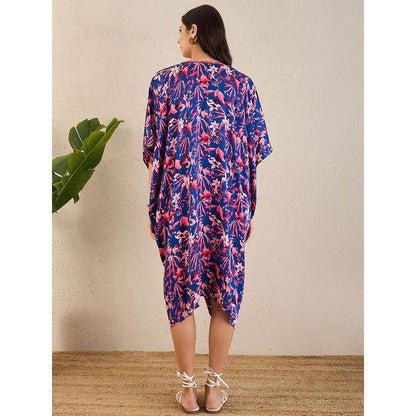 First Resort by Ramola Bachchan Midnight Blue and Scarlet Floral Mid Length Kaftan Midi Dress