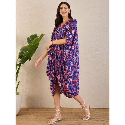 First Resort by Ramola Bachchan Midnight Blue and Scarlet Floral Mid Length Kaftan Midi Dress