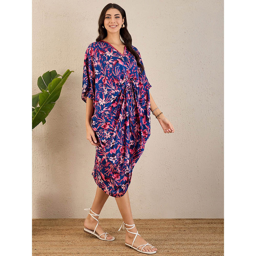 First Resort by Ramola Bachchan Midnight Blue and Scarlet Floral Mid Length Kaftan Midi Dress
