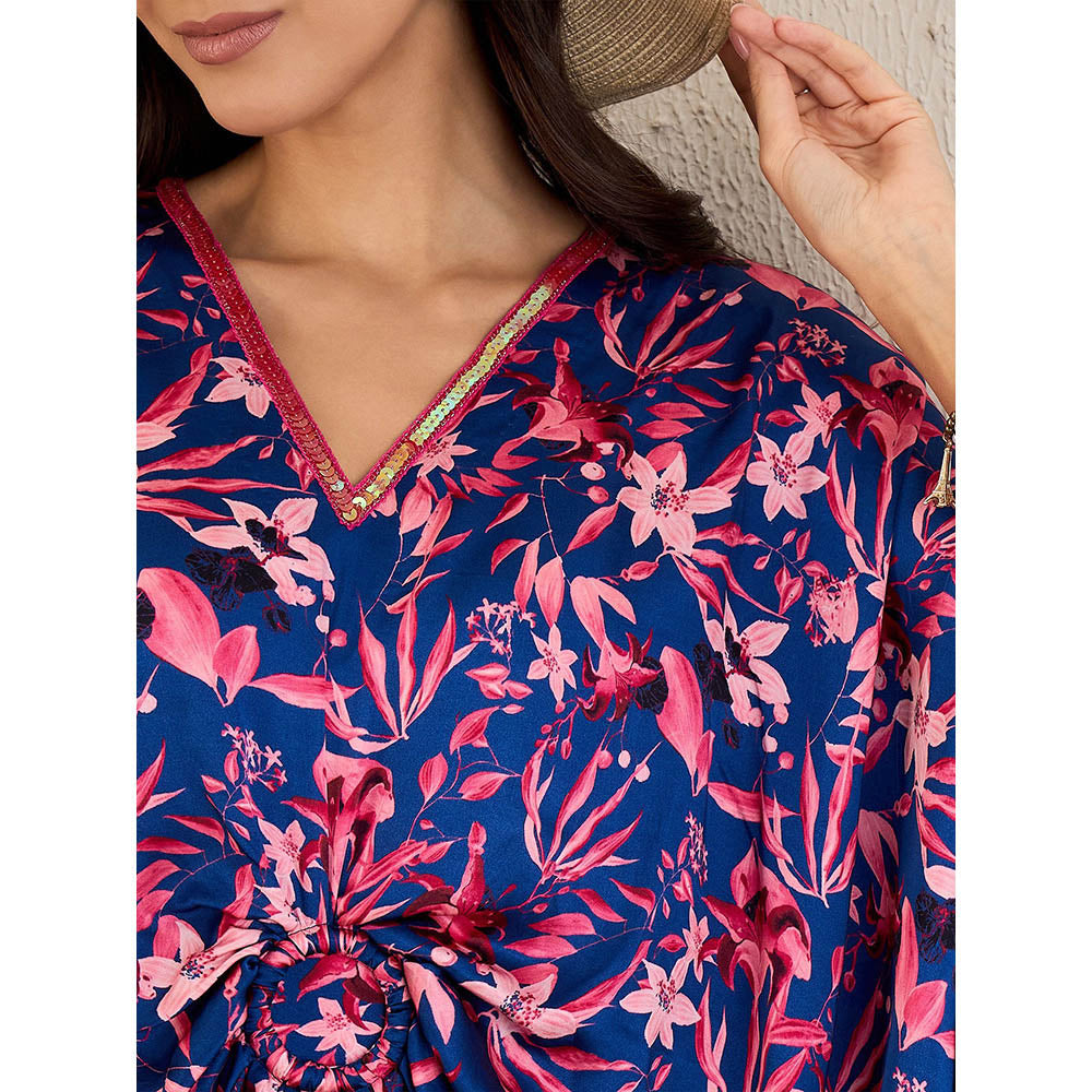 First Resort by Ramola Bachchan Midnight Blue and Scarlet Floral Mid Length Kaftan Midi Dress