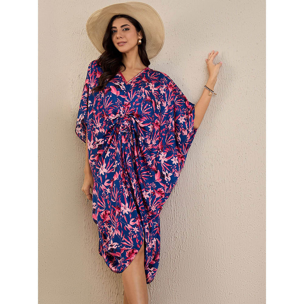 First Resort by Ramola Bachchan Midnight Blue and Scarlet Floral Mid Length Kaftan Midi Dress