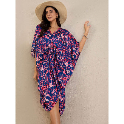 First Resort by Ramola Bachchan Midnight Blue and Scarlet Floral Mid Length Kaftan Midi Dress