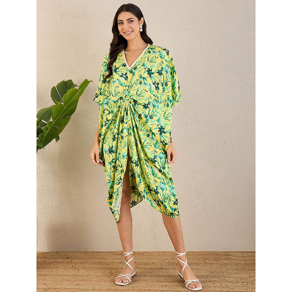 First Resort by Ramola Bachchan Lime Green Floral Mid Length Kaftan Midi Dress