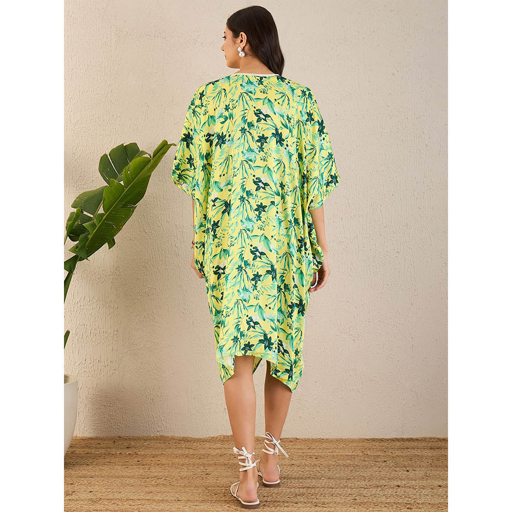 First Resort by Ramola Bachchan Lime Green Floral Mid Length Kaftan Midi Dress