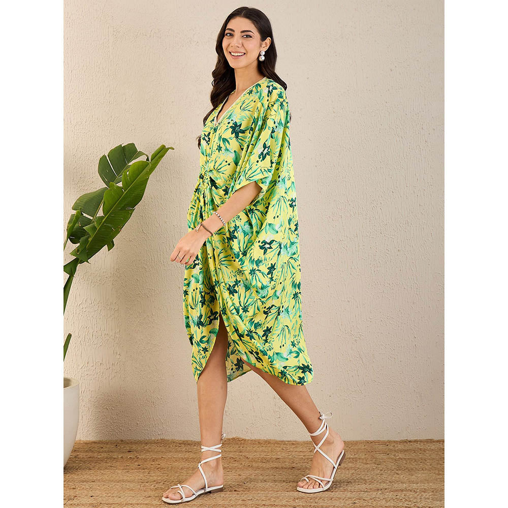 First Resort by Ramola Bachchan Lime Green Floral Mid Length Kaftan Midi Dress