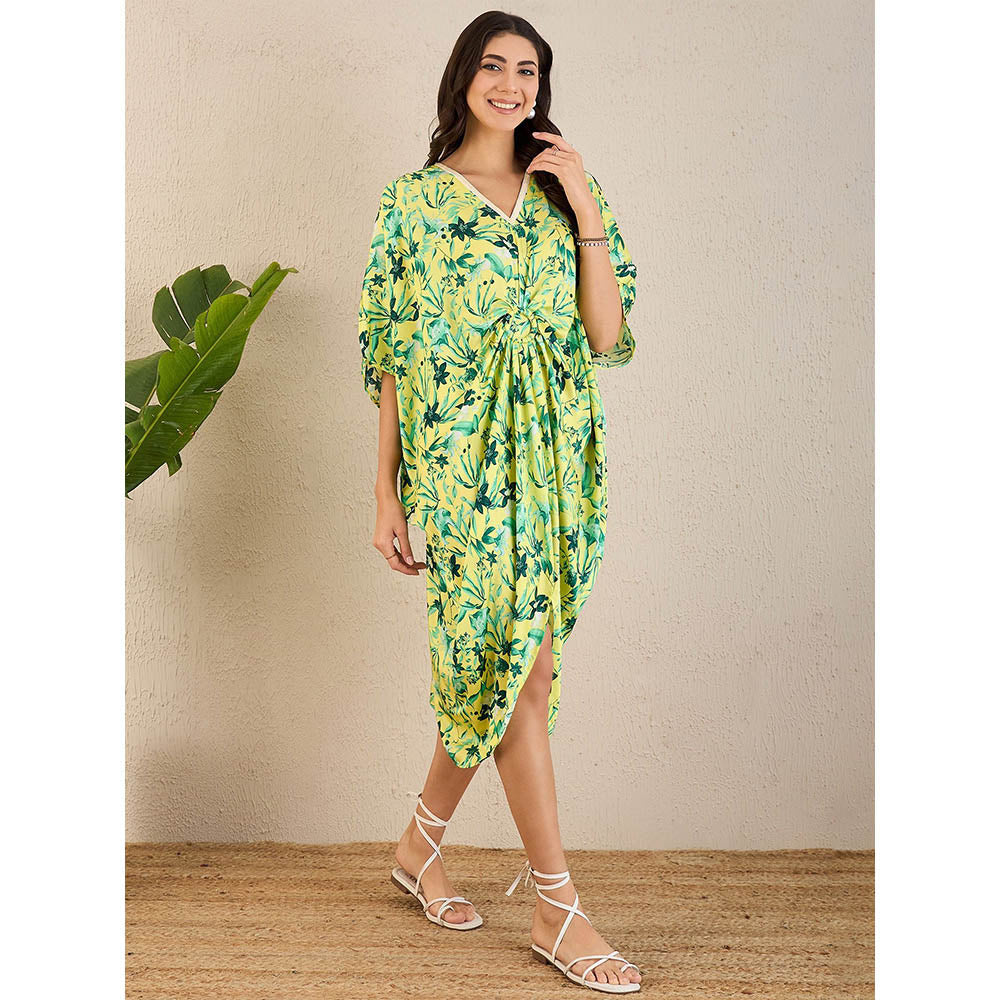 First Resort by Ramola Bachchan Lime Green Floral Mid Length Kaftan Midi Dress