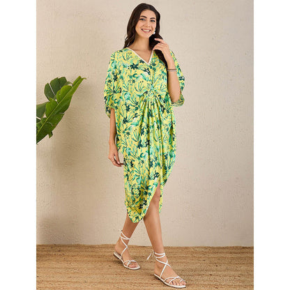 First Resort by Ramola Bachchan Lime Green Floral Mid Length Kaftan Midi Dress