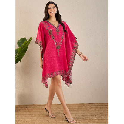 First Resort by Ramola Bachchan Hot Pink Pearl Embellished Kaftan Knee Length Dress
