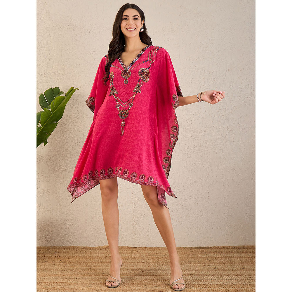 First Resort by Ramola Bachchan Hot Pink Pearl Embellished Kaftan Knee Length Dress