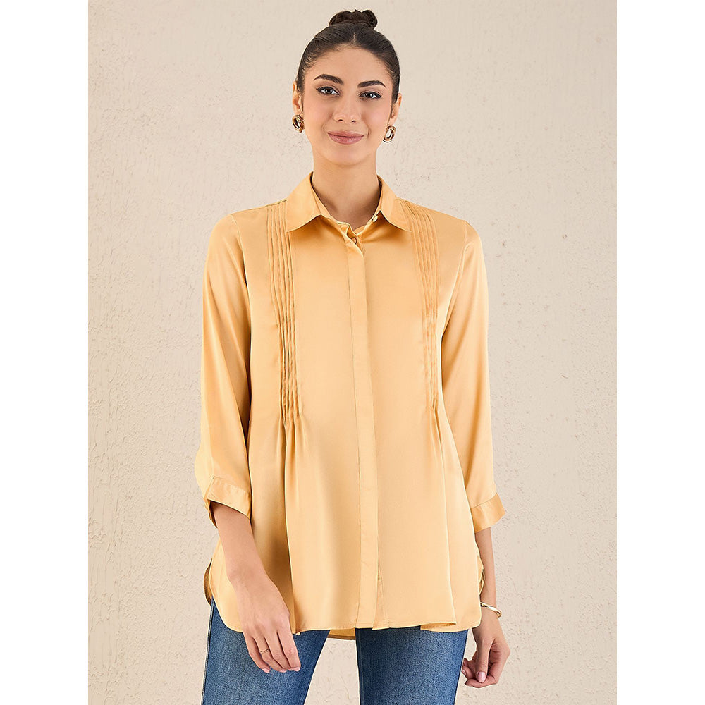 First Resort by Ramola Bachchan Golden Yellow Pintucked Satin Shirt